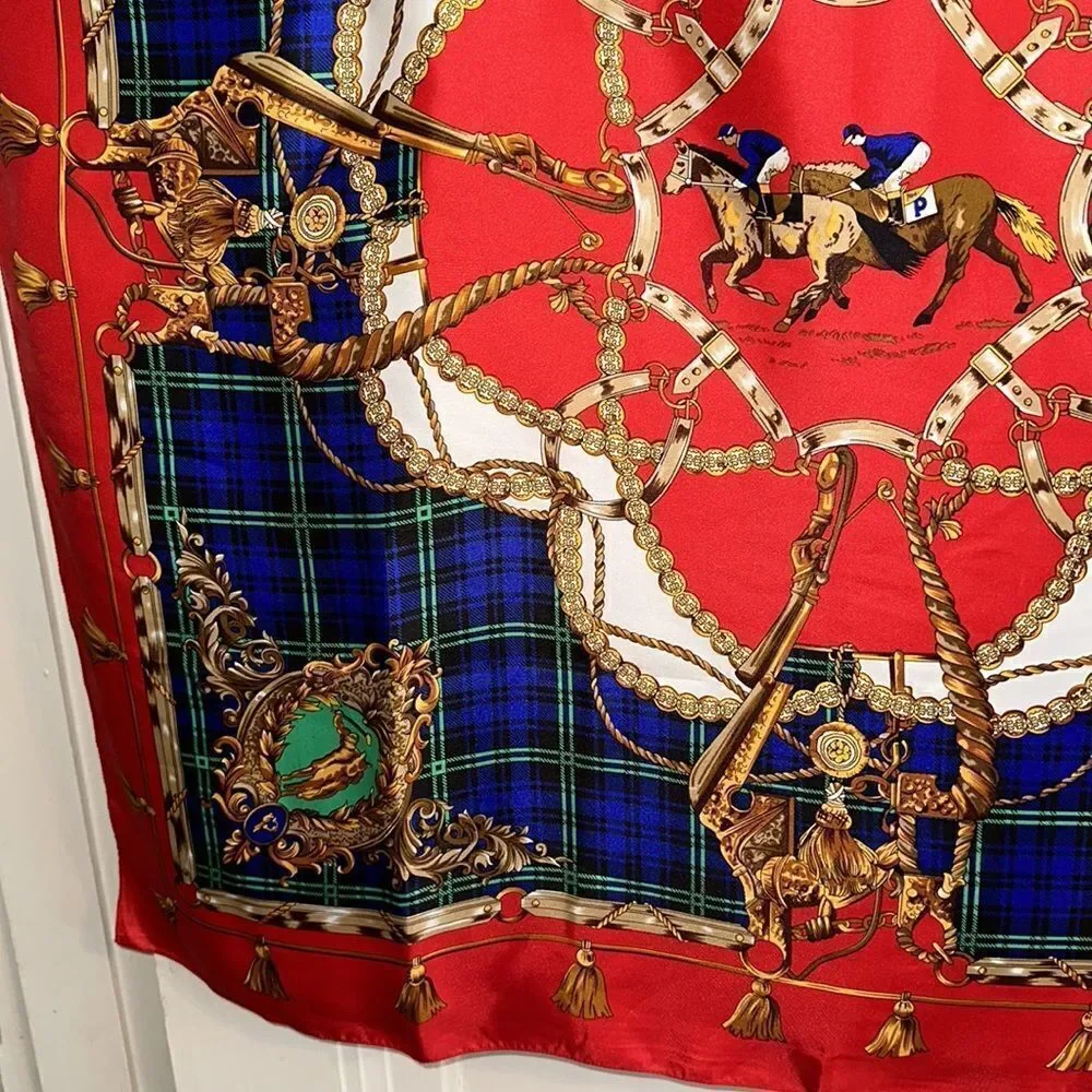 Vintage 80s/90s large polo, horses, bridle themed red, blue & gold scarf‎